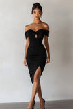 Black Bodycon Off the Shoulder Midi Graduation Dress with Keyhole