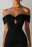 Black Bodycon Off the Shoulder Midi Graduation Dress with Keyhole
