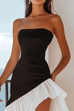Black and White Strapless A Line Asymmetrical Graduation Dress with Ruffles