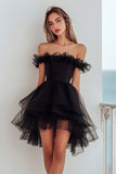 Black Tulle Off the Shoulder A Line Ruffled Mini Graduation Dress