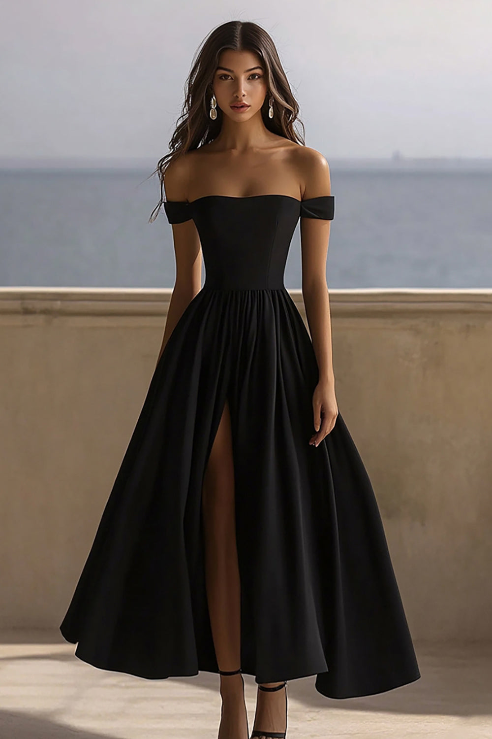 Leely Women Black Maxi Satin Formal Dress with Slit A Line Off the Shoulder Black Tie Dress leelyuk Leely Women Black Maxi Satin Formal Dress with Slit A Line Off the Shoulder Black Tie Dress leelyuk
