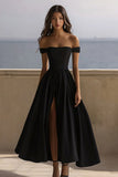 Black Satin Off the Shoulder A Line Maxi Formal Dress with Slit