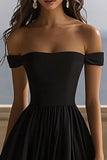 Black Satin Off the Shoulder A Line Maxi Formal Dress with Slit