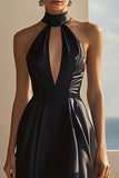 Black A Line High Neck High-Low Graduation Dress with Keyhole