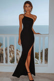 Black Satin One Shoulder Mermaid Maxi Formal Dress with Slit