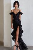 Black Satin Cold Shoulder Maxi Formal Dress with Ruffles