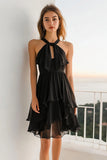 Black Halter A Line Tiered Short Graduation Dress with Keyhole