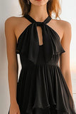 Black Halter A Line Tiered Short Graduation Dress with Keyhole