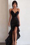 Black Satin Spaghetti Straps Ruffled High-Low Cocktail Dress