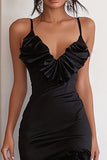 Black Satin Spaghetti Straps Ruffled High-Low Cocktail Dress
