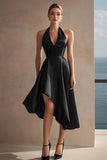 Black Halter Satin A Line Asymmetrical Cocktail Dress