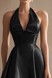 Black Halter Satin A Line Asymmetrical Cocktail Dress
