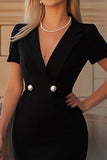 Black Bodycon V-Neck Peak Lapel Short Sleeves Cocktail Dress