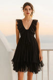 Black Organza A Line Ruffled V-Neck Short Graduation Dress