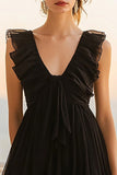 Black Organza A Line Ruffled V-Neck Short Graduation Dress