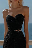 Sparkly Black Sequin Sweetheart Bodycon Asymmetrical Graduation Dress