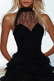 Black Lace High Neck A Line Tiered Mini Graduation Dress