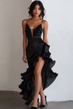 Black Spaghetti Straps Ruffled Asymmetrical Formal Dress
