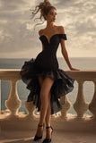 Black Off the Shoulder A Line Ruffled High-Low Graduation Dress