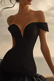 Black Off the Shoulder A Line Ruffled High-Low Graduation Dress