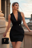 Black Deep V-Neck Bodycon Satin Mini Cocktail Dress
