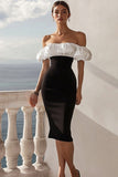Black and White Satin Bodycon Off the Shoulder Midi Cocktail Dress