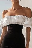Black and White Satin Bodycon Off the Shoulder Midi Cocktail Dress
