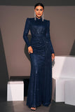 Sparkly Navy Sequin Mermaid Maxi Prom Dress with Side Cape