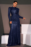 Sparkly Navy Sequin Mermaid Maxi Prom Dress with Side Cape