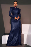 Sparkly Navy Sequin Mermaid Maxi Prom Dress with Side Cape
