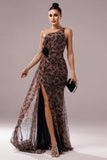 Brown Leopard Print Mermaid Ruched Maxi Prom Dress with Slit