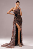 Brown Leopard Print Mermaid Ruched Maxi Prom Dress with Slit