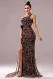 Brown Leopard Print Mermaid Ruched Maxi Prom Dress with Slit