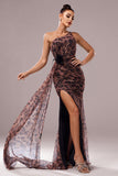 Brown Leopard Print Mermaid Ruched Maxi Prom Dress with Slit