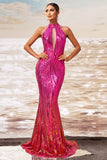 Sparkly Fuchsia Mermaid Sequin Maxi Prom Dress with Keyhole
