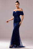 Sparkly Navy Sequin Mermaid Maxi Ruched Prom Dress