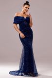 Sparkly Navy Sequin Mermaid Maxi Ruched Prom Dress