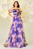 Purple Floral Print A Line Strapless Detachable Sleeves Maxi Prom Dress
