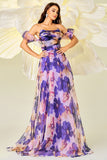 Purple Floral Print A Line Strapless Detachable Sleeves Maxi Prom Dress