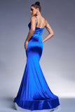 Royal Blue Mermaid Corset Satin Maxi Prom Dress with Streamer