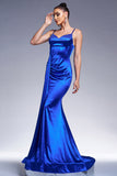 Royal Blue Mermaid Corset Satin Maxi Prom Dress with Streamer