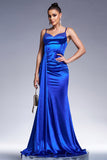 Royal Blue Mermaid Corset Satin Maxi Prom Dress with Streamer