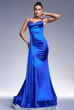Royal Blue Mermaid Corset Satin Maxi Prom Dress with Streamer