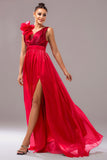 Red A Line V-Neck Organza Ruched Maxi Prom Dress with Slit