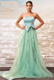 Green A Line Strapless Tulle Maxi  Ruffled Prom Dress with Bow
