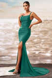 Dark Green Mermaid Square Neck Satin Maxi Prom Dress with Slit