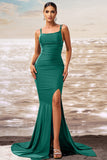 Dark Green Mermaid Square Neck Satin Maxi Prom Dress with Slit