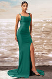 Dark Green Mermaid Square Neck Satin Maxi Prom Dress with Slit