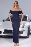 Navy Glitter Mermaid Ruched Off the Shoulder Maxi Prom Dress