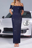 Navy Glitter Mermaid Ruched Off the Shoulder Maxi Prom Dress